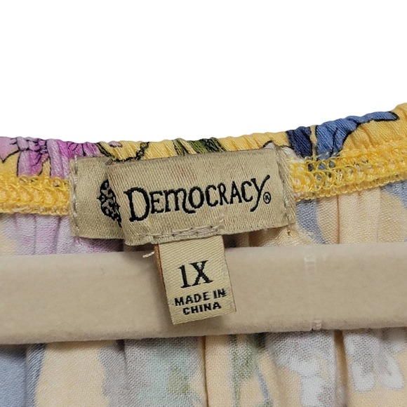 Democracy Yellow Floral Top 1x Off Shoulder Ruched Tie Sleeve 746 - Picture 3 of 12